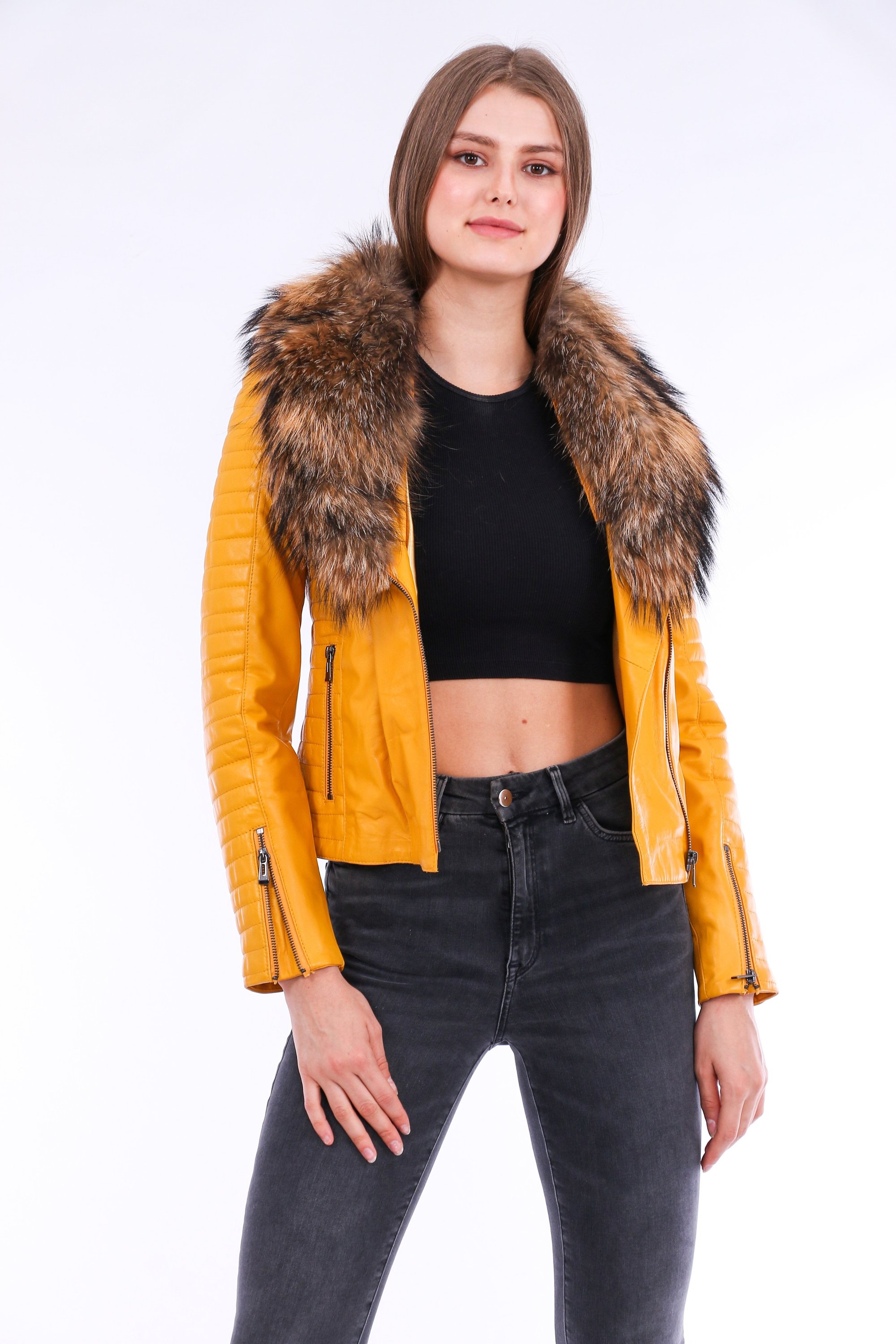 Cana Leather Biker Jacket in vibrant yellow with zipper cuff details and detachable fox fur collar, showcasing premium genuine sheepskin craftsmanship.