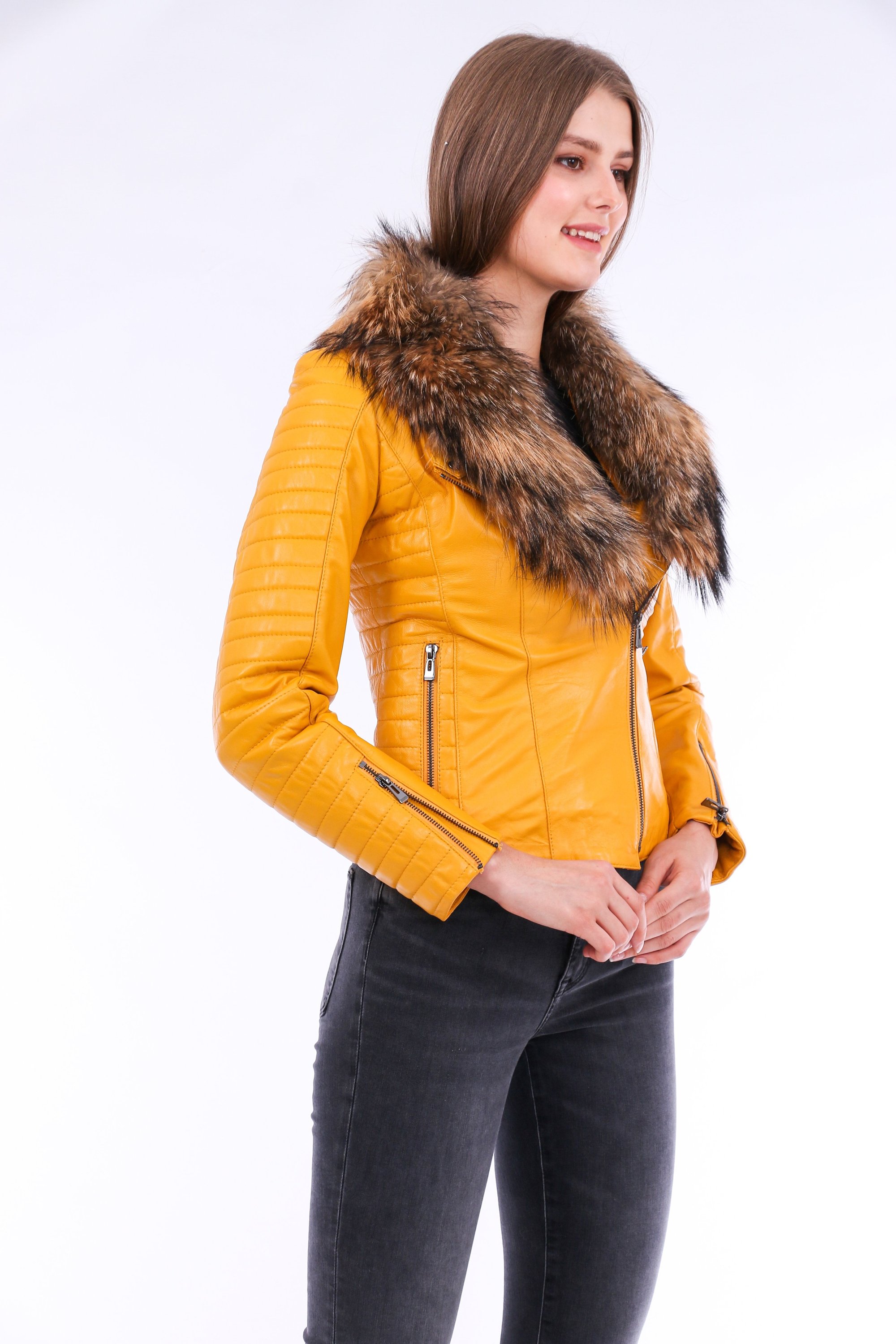 Cana Leather Biker Jacket in vibrant yellow with zipper cuff details and detachable fox fur collar, showcasing premium genuine sheepskin craftsmanship.