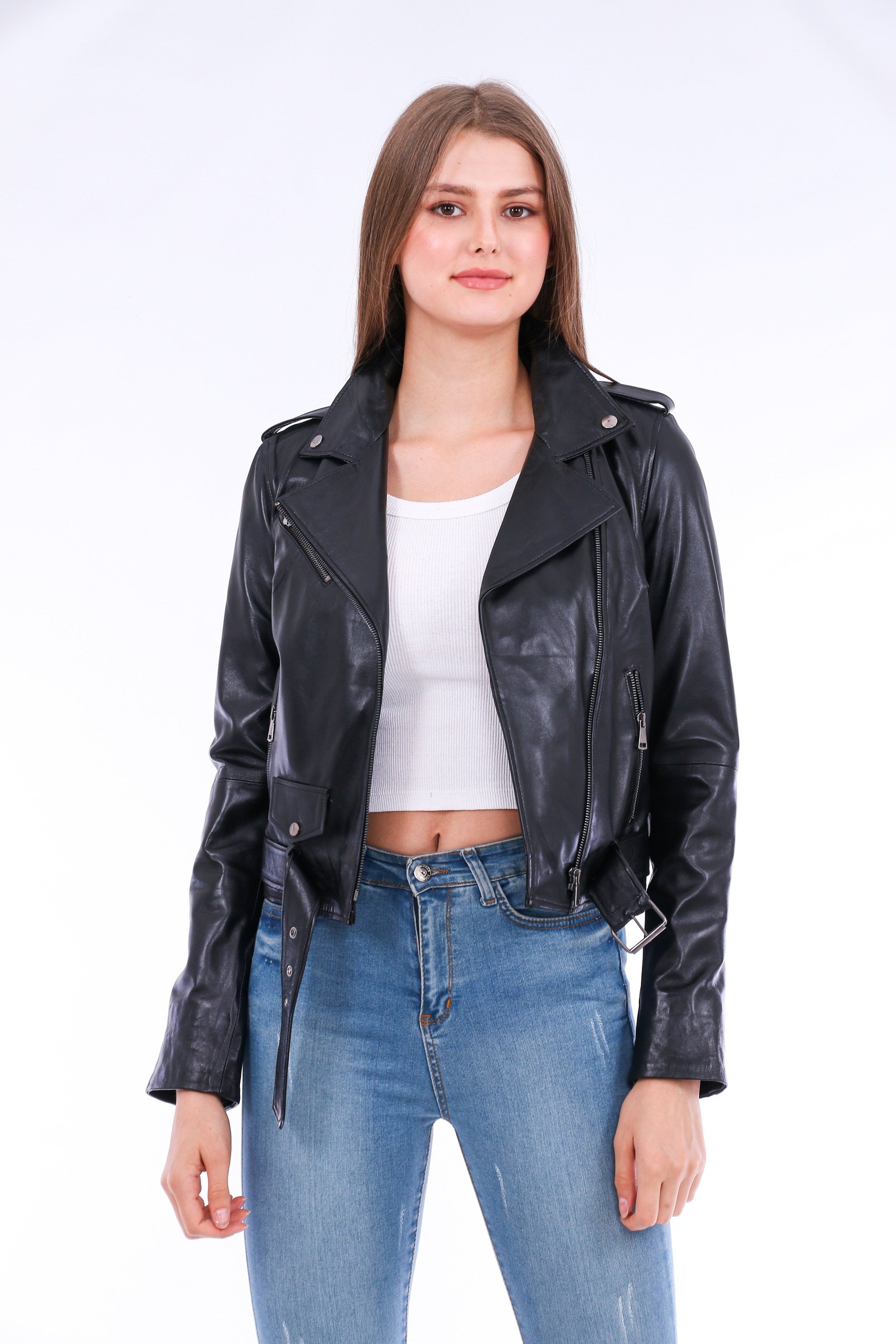 Castelli Leather Biker Jacket made from premium soft sheepskin, featuring a sleek design with polished silver-tone hardware and adjustable waistline.