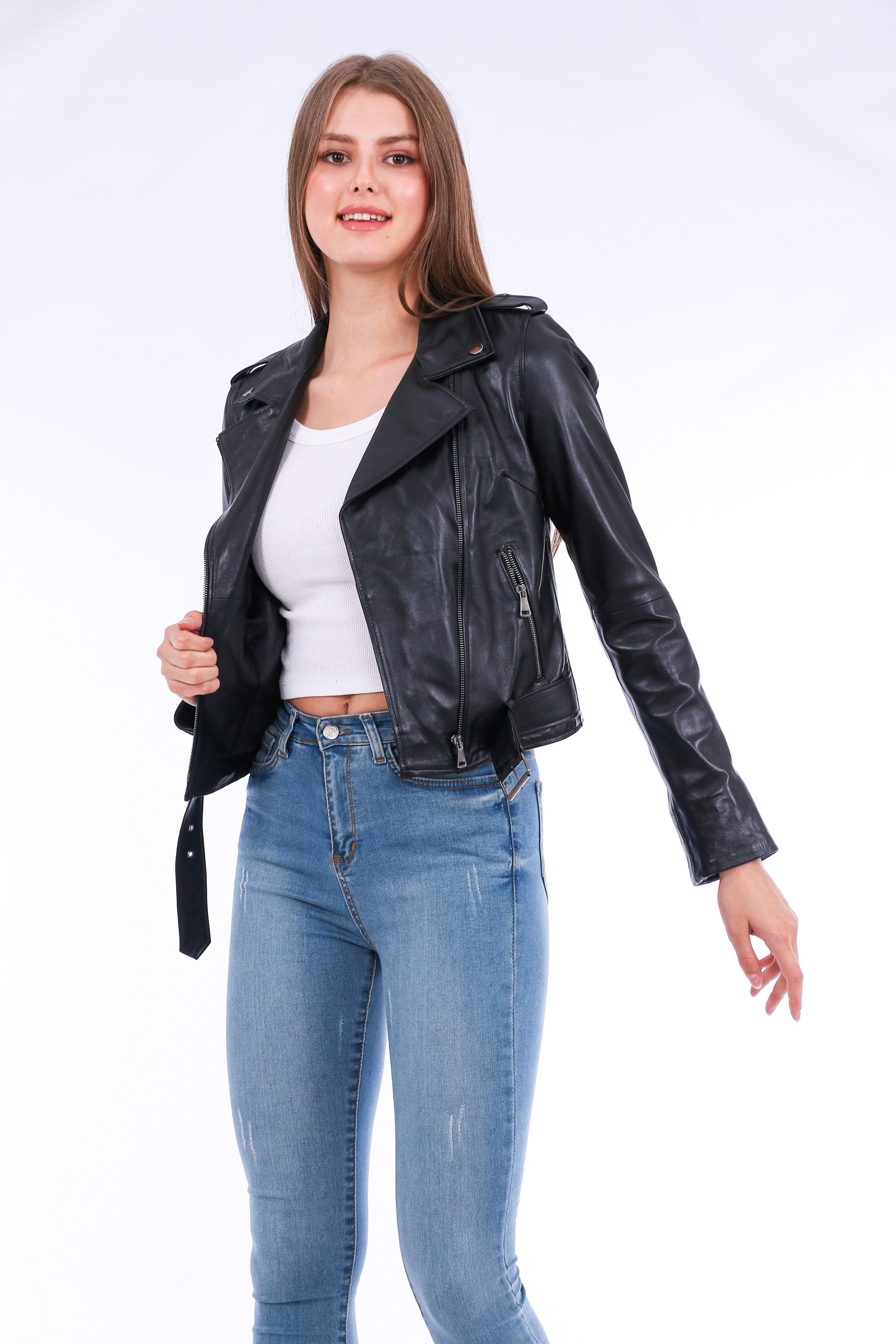 Castelli Leather Biker Jacket made from premium soft sheepskin, featuring a sleek design with polished silver-tone hardware and adjustable waistline.