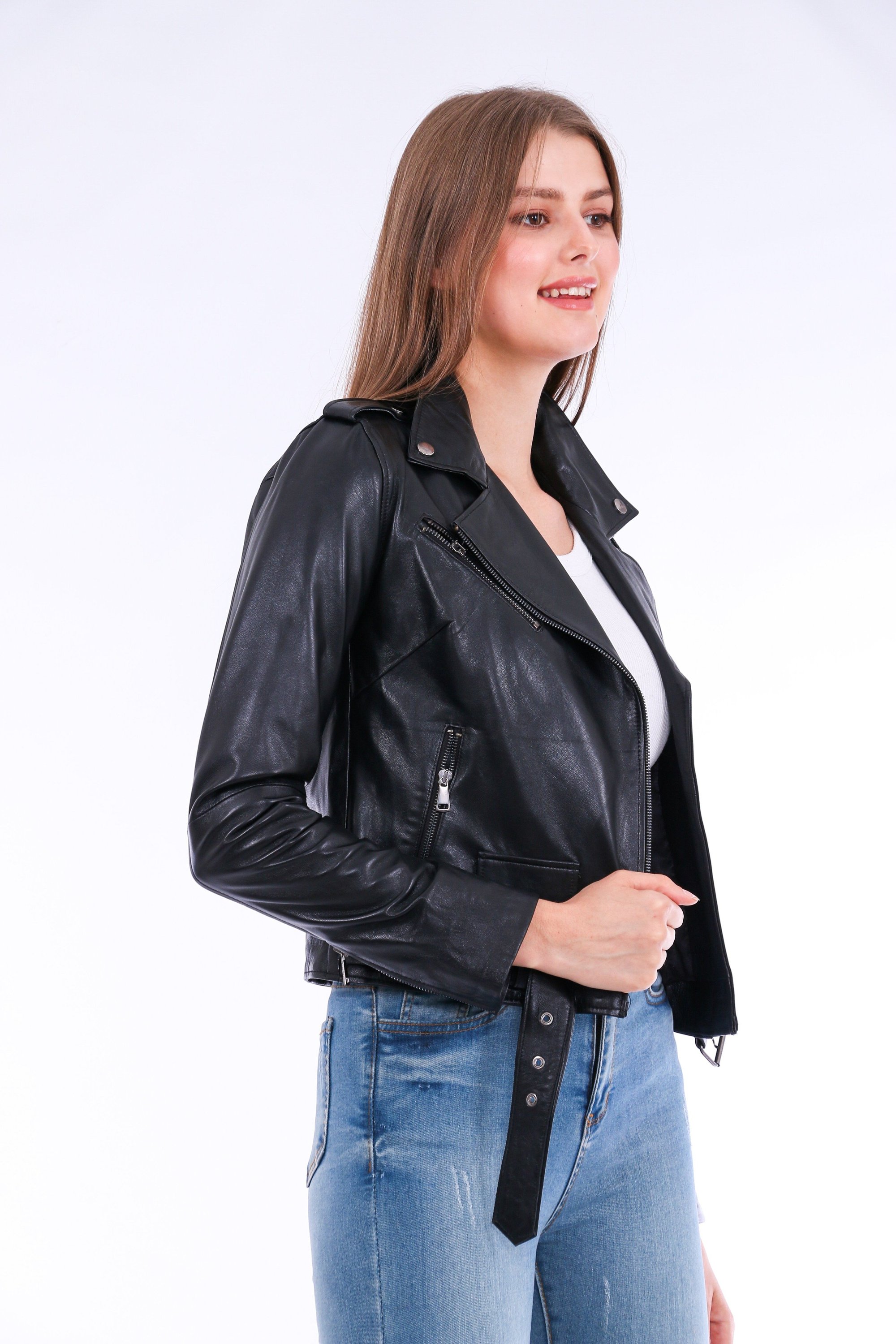 Castelli Leather Biker Jacket made from premium soft sheepskin, featuring a sleek design with polished silver-tone hardware and adjustable waistline.