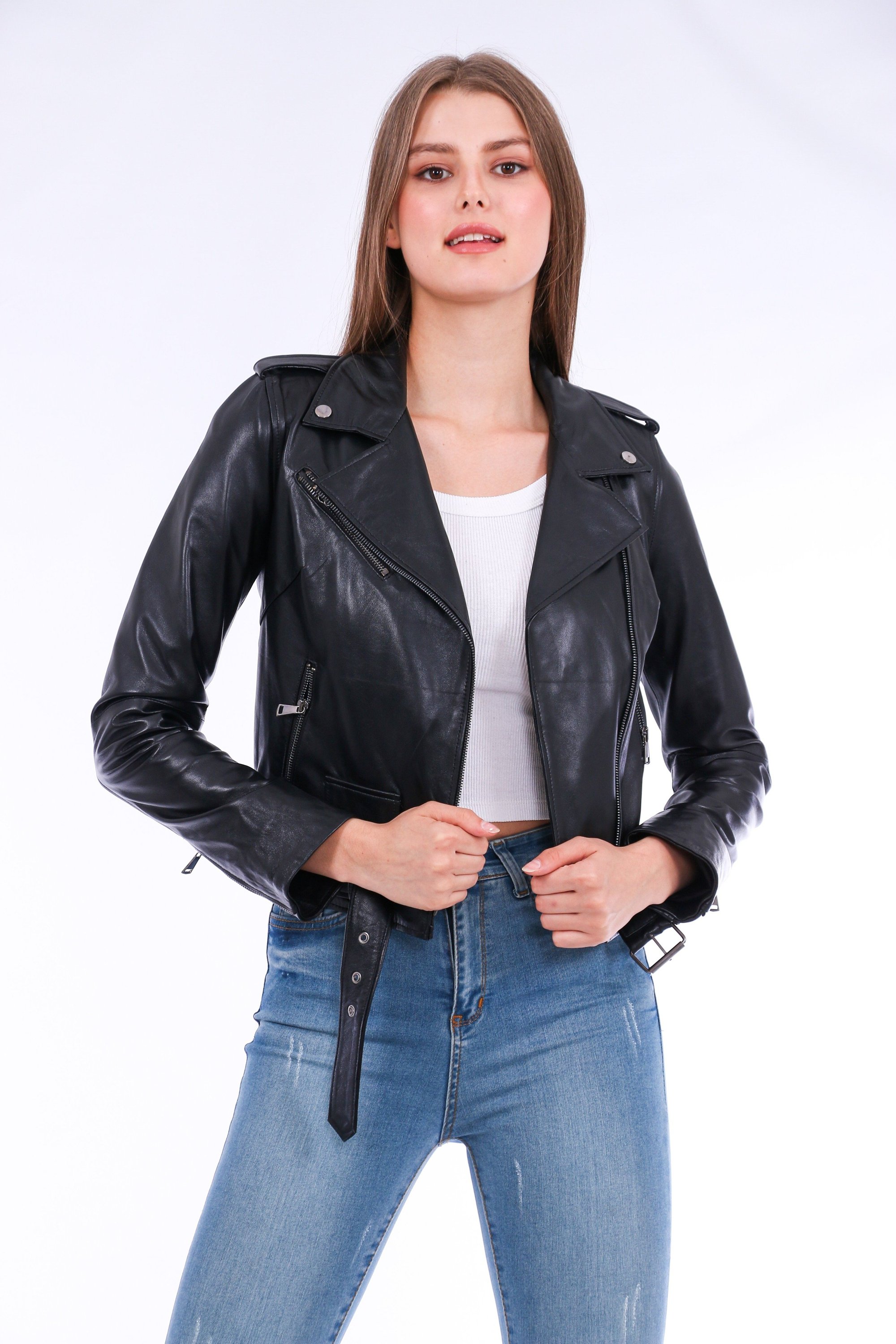 Castelli Leather Biker Jacket made from premium soft sheepskin, featuring a sleek design with polished silver-tone hardware and adjustable waistline.