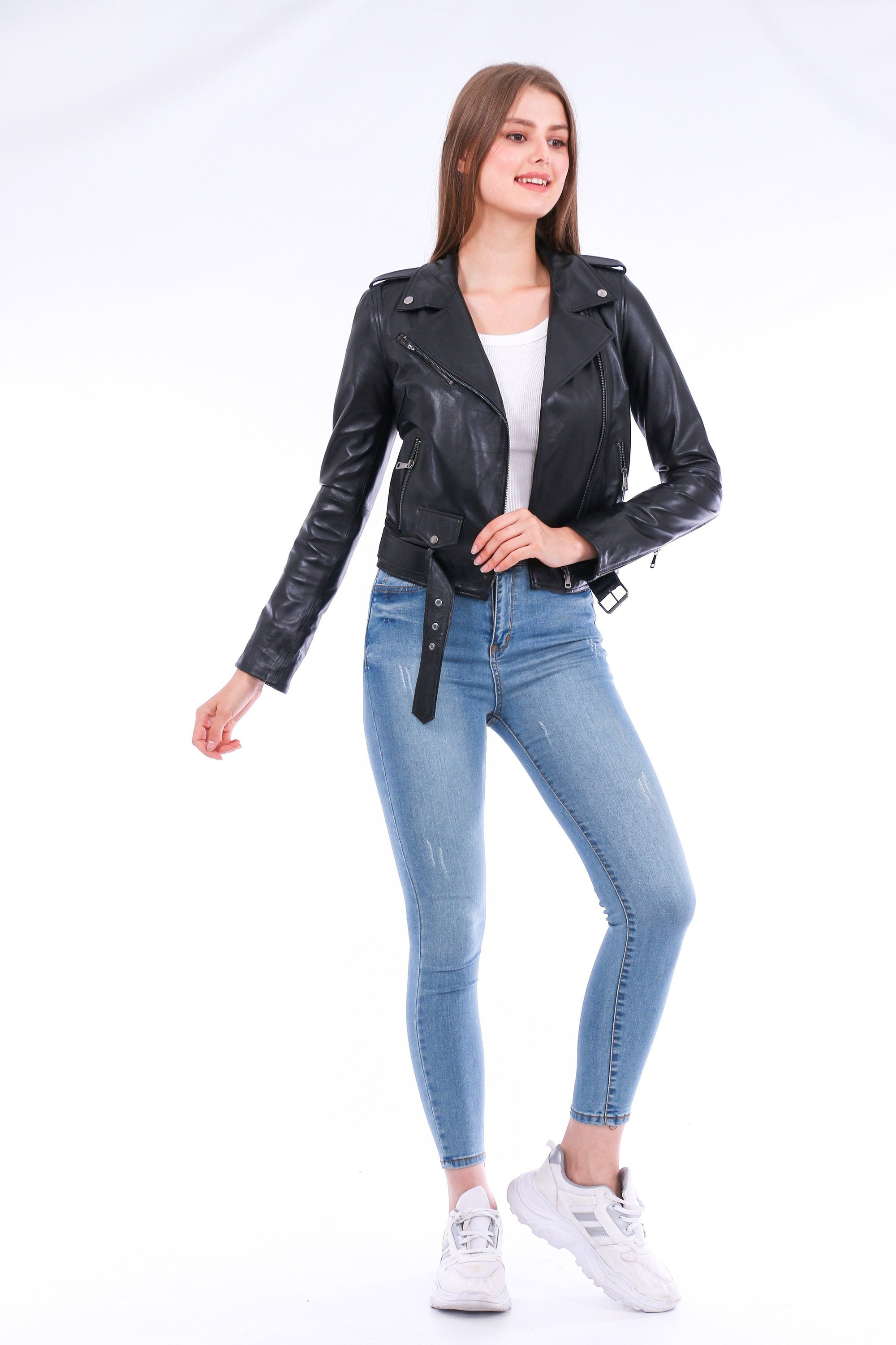 Castelli Leather Biker Jacket made from premium soft sheepskin, featuring a sleek design with polished silver-tone hardware and adjustable waistline.