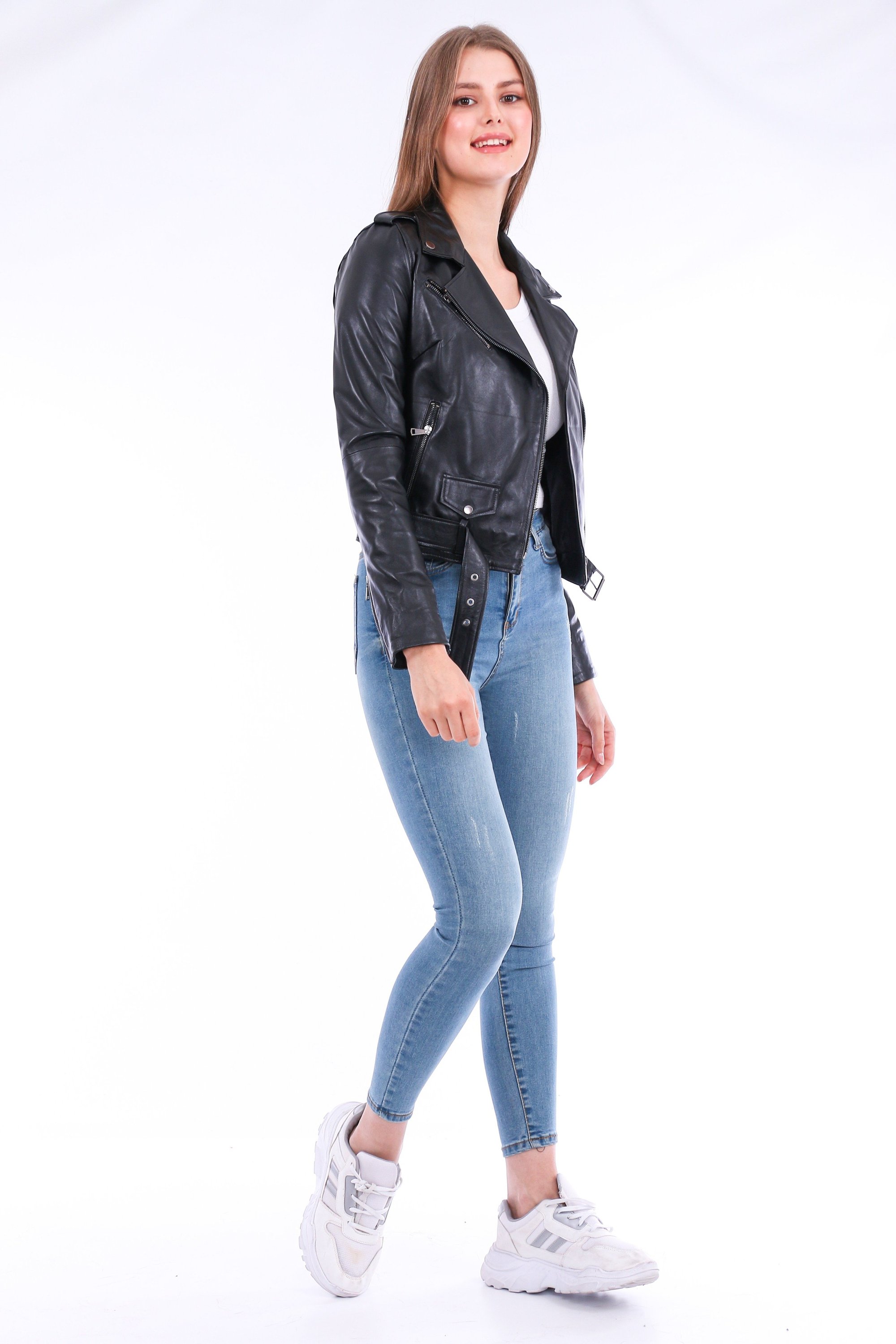 Castelli Leather Biker Jacket made from premium soft sheepskin, featuring a sleek design with polished silver-tone hardware and adjustable waistline.