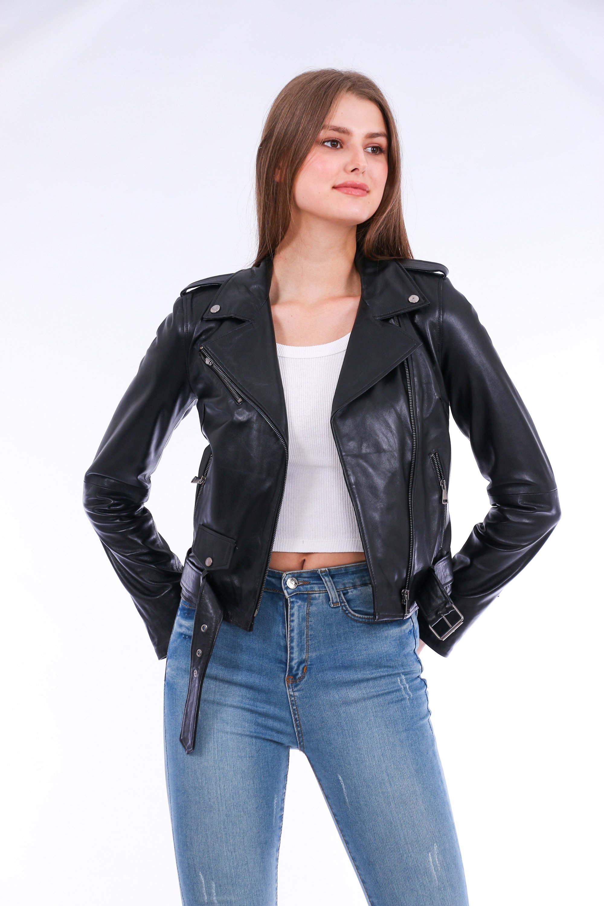 Castelli Leather Biker Jacket made from premium soft sheepskin, featuring a sleek design with polished silver-tone hardware and adjustable waistline.