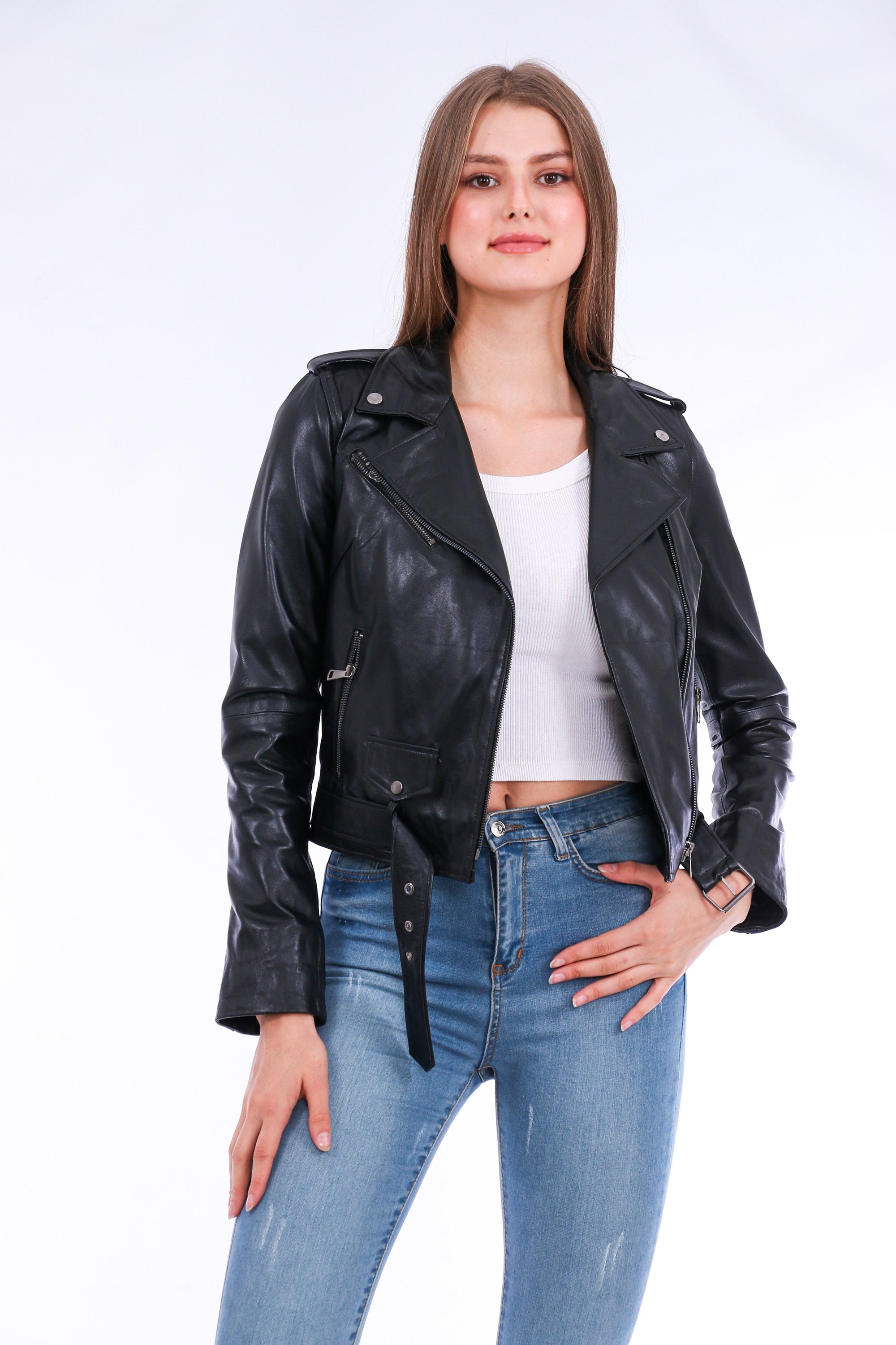 Castelli Leather Biker Jacket made from premium soft sheepskin, featuring a sleek design with polished silver-tone hardware and adjustable waistline.