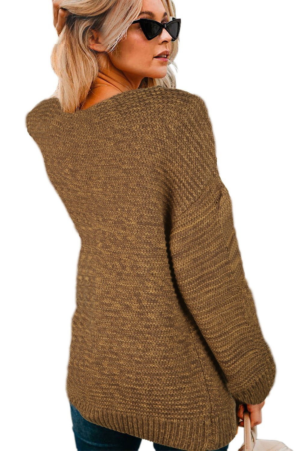 Casual brown chunky knit cardigan with long sleeves and open front design, perfect for winter layering.