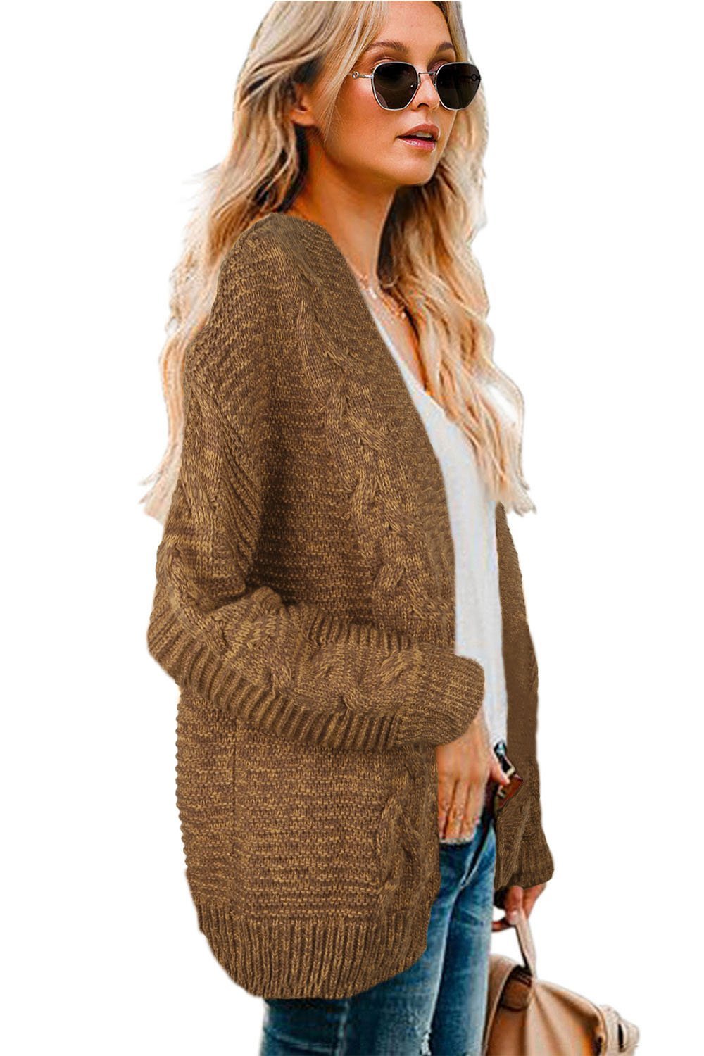 Casual brown chunky knit cardigan with long sleeves and open front design, perfect for winter layering.