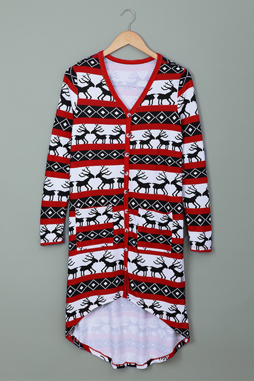 A cozy red Christmas long cardigan with geometric patterns, featuring an open front design and pockets, perfect for winter wear.