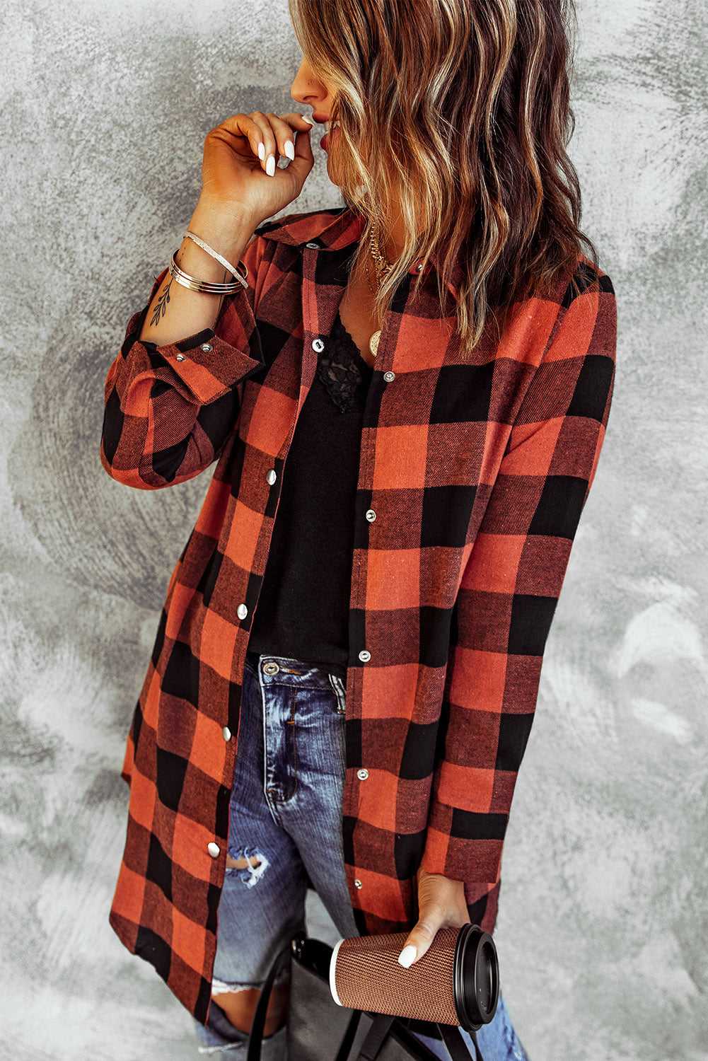 Classic Red Turn-down Collar Plaid Shirt Coat featuring a longline design, elegant collar, and stylish plaid pattern, perfect for winter layering.