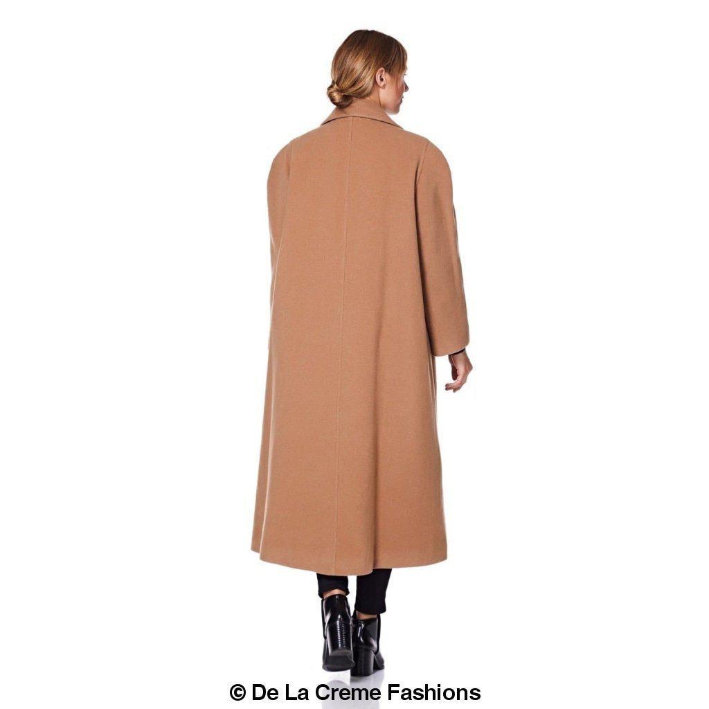 A stylish Curve Wool & Cashmere Blend Plus Size Long Coat in a classic design, featuring a single-breasted front and two side pockets, perfect for sizes UK 14-24.