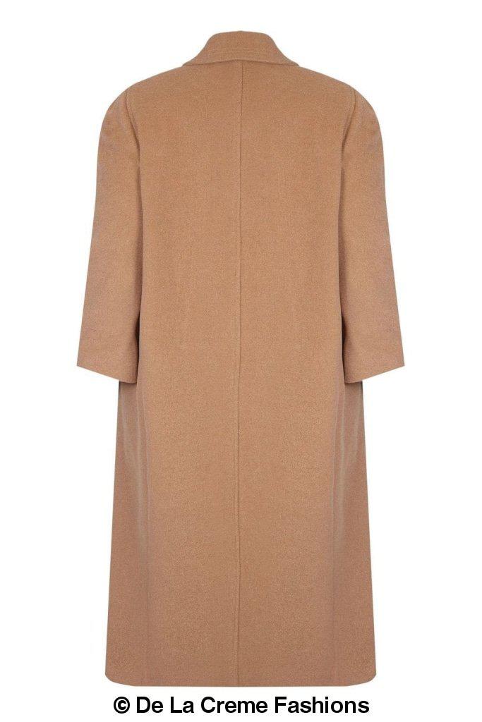 A stylish Curve Wool & Cashmere Blend Plus Size Long Coat in a classic design, featuring a single-breasted front and two side pockets, perfect for sizes UK 14-24.