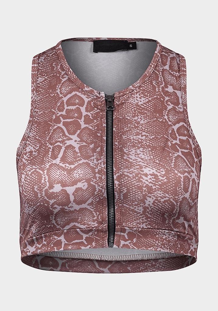 De La Creme Ladies Animal Print Crop Top featuring a scoop neckline, zip-through fastening, and sleeveless design in pale brown.