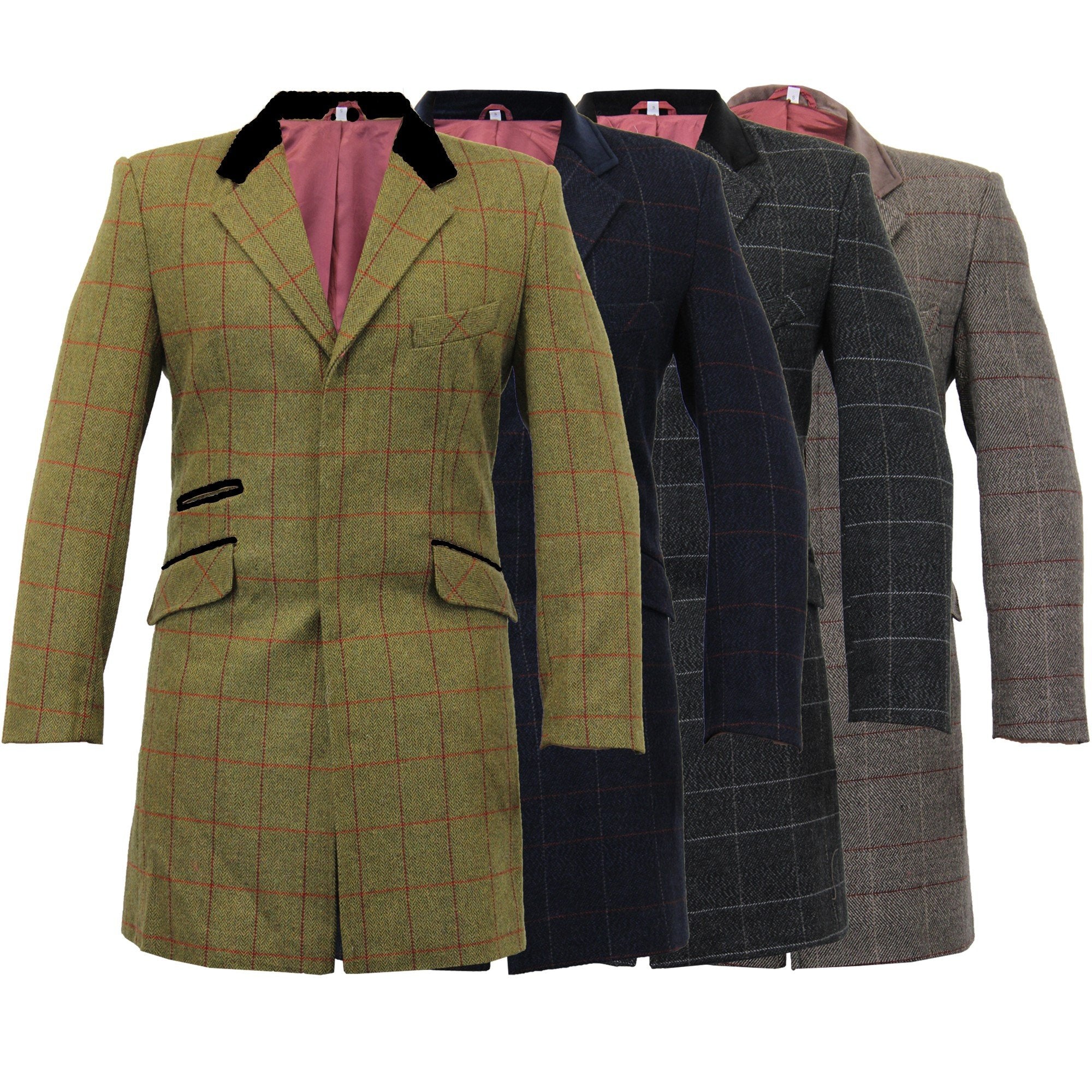 De La Creme MAN Check Design Retro Mod Coat featuring a stylish checked pattern, luxury velvet trim collar, and red satin-look lining.