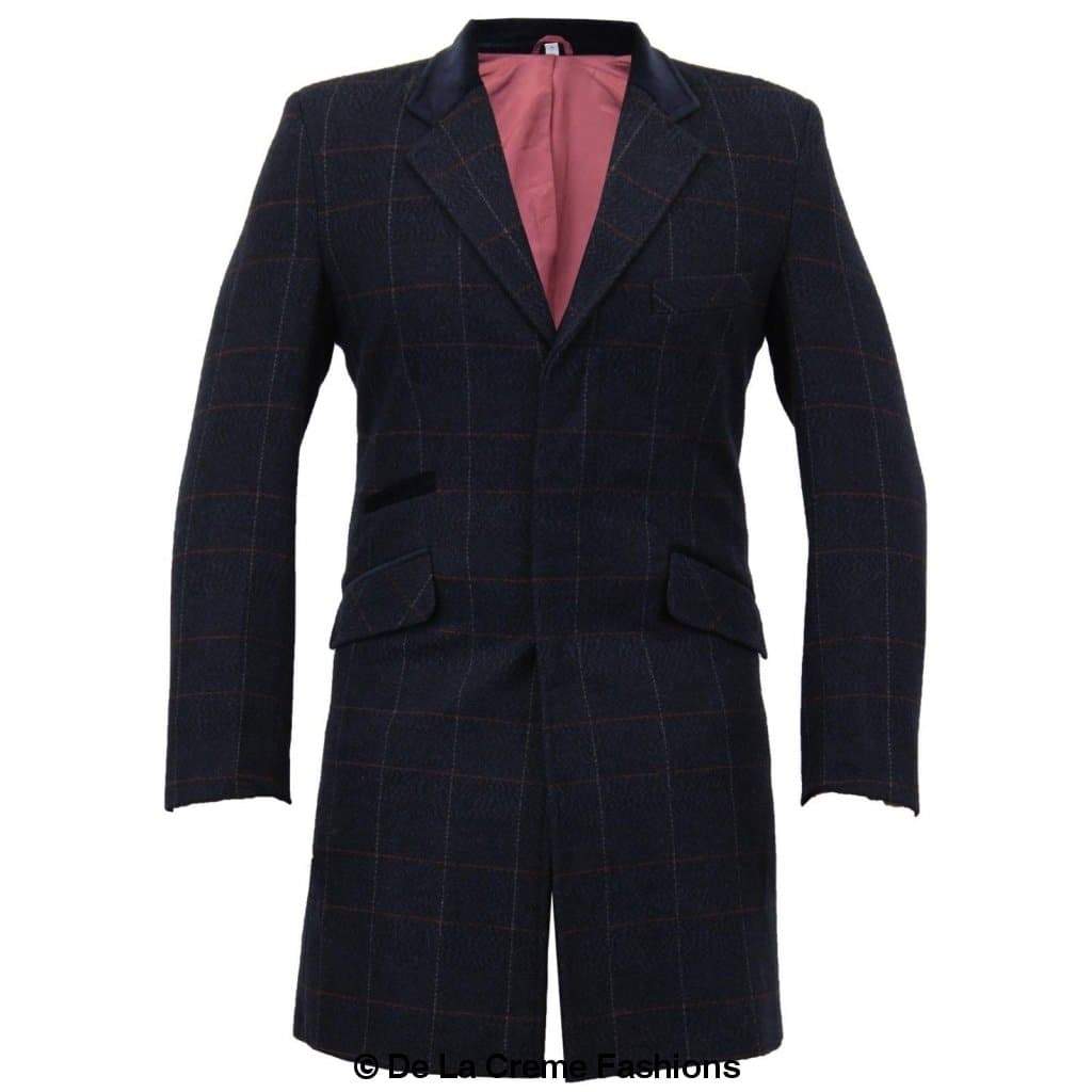 De La Creme MAN Check Design Retro Mod Coat featuring a stylish checked pattern, luxury velvet trim collar, and red satin-look lining.