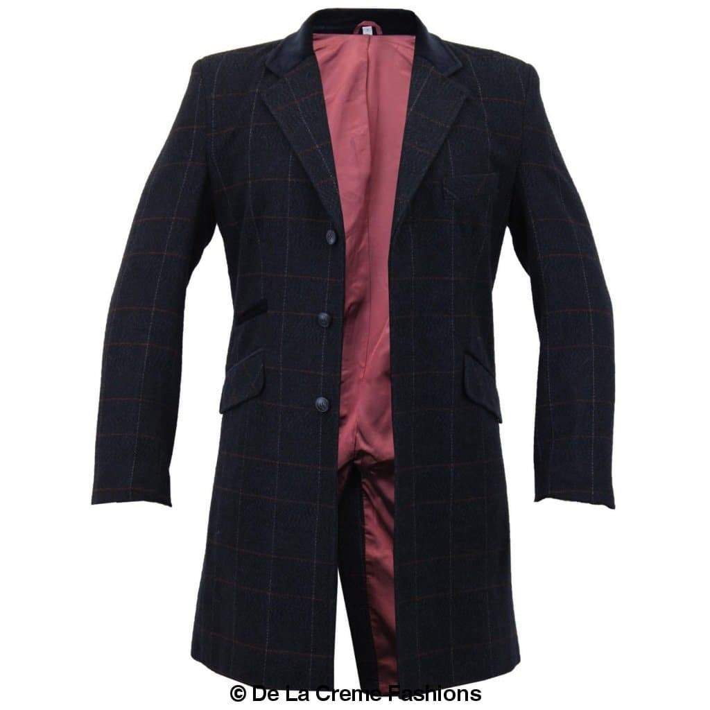 De La Creme MAN Check Design Retro Mod Coat featuring a stylish checked pattern, luxury velvet trim collar, and red satin-look lining.