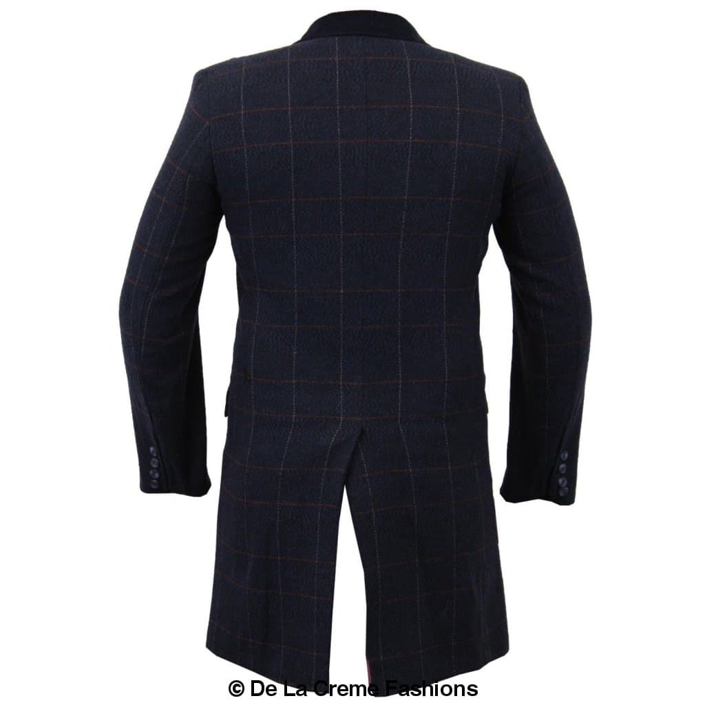 De La Creme MAN Check Design Retro Mod Coat featuring a stylish checked pattern, luxury velvet trim collar, and red satin-look lining.