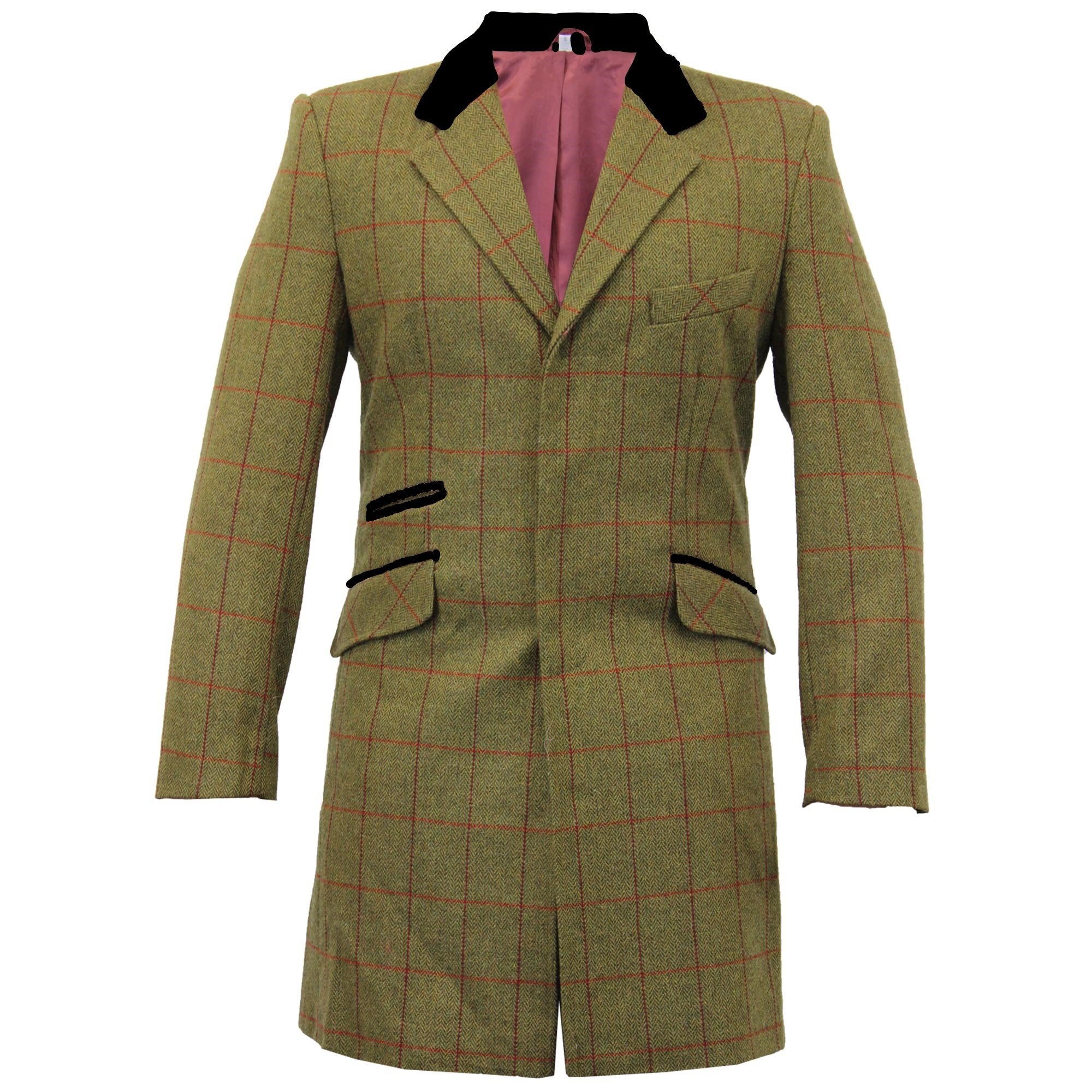 De La Creme MAN Check Design Retro Mod Coat featuring a stylish checked pattern, luxury velvet trim collar, and red satin-look lining.