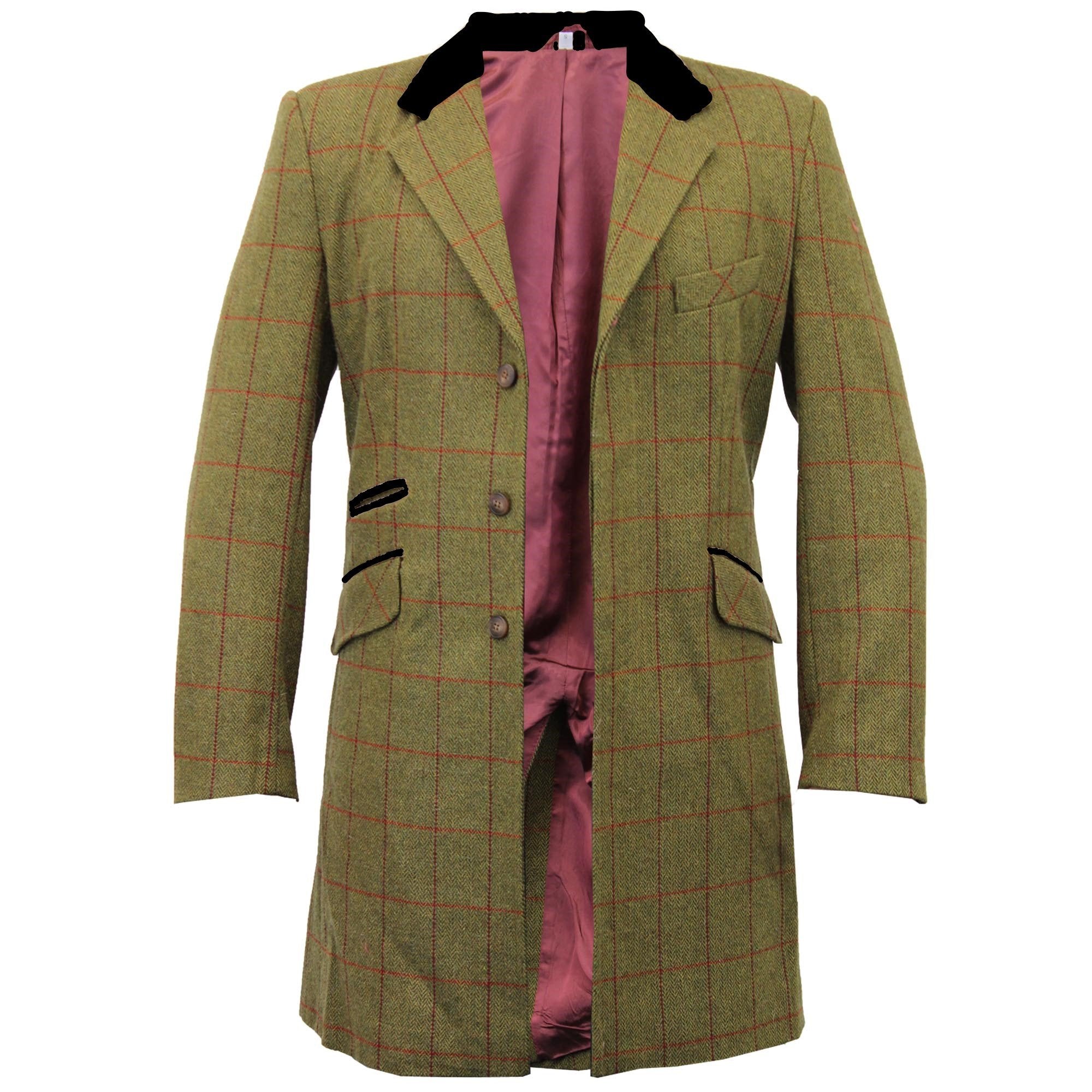 De La Creme MAN Check Design Retro Mod Coat featuring a stylish checked pattern, luxury velvet trim collar, and red satin-look lining.