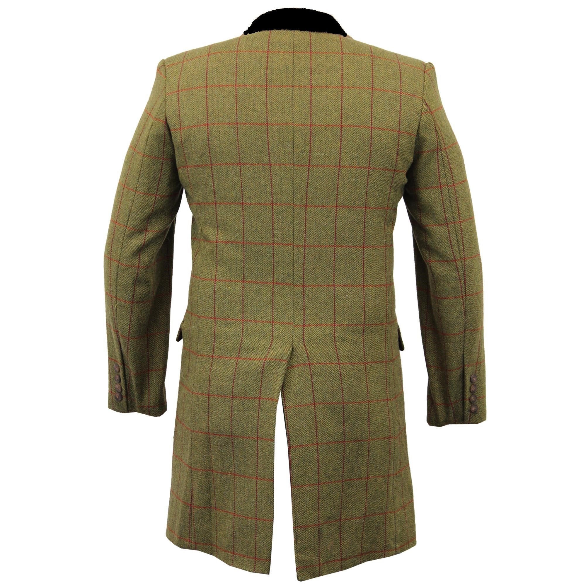 De La Creme MAN Check Design Retro Mod Coat featuring a stylish checked pattern, luxury velvet trim collar, and red satin-look lining.