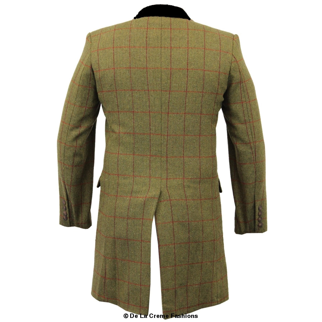 De La Creme MAN Check Design Retro Mod Coat featuring a stylish checked pattern, luxury velvet trim collar, and red satin-look lining.