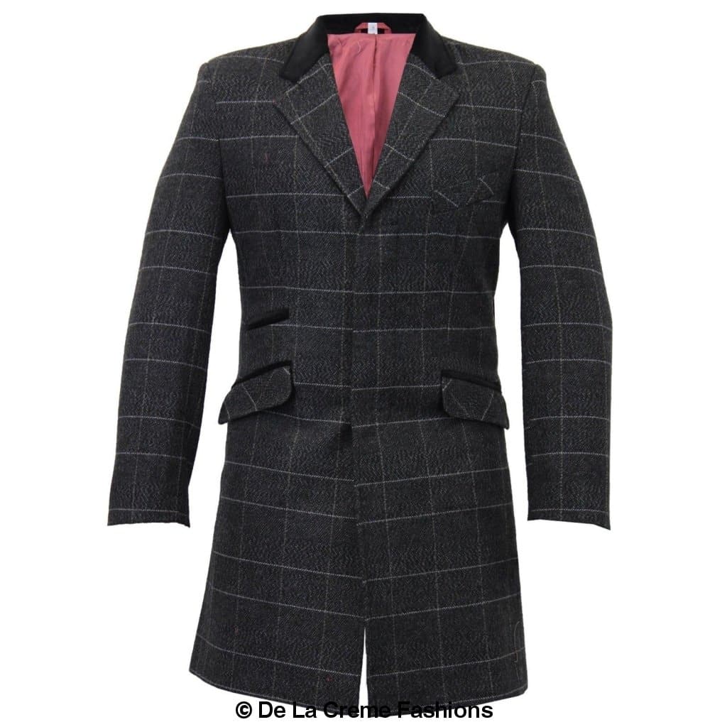 De La Creme MAN Check Design Retro Mod Coat featuring a stylish checked pattern, luxury velvet trim collar, and red satin-look lining.