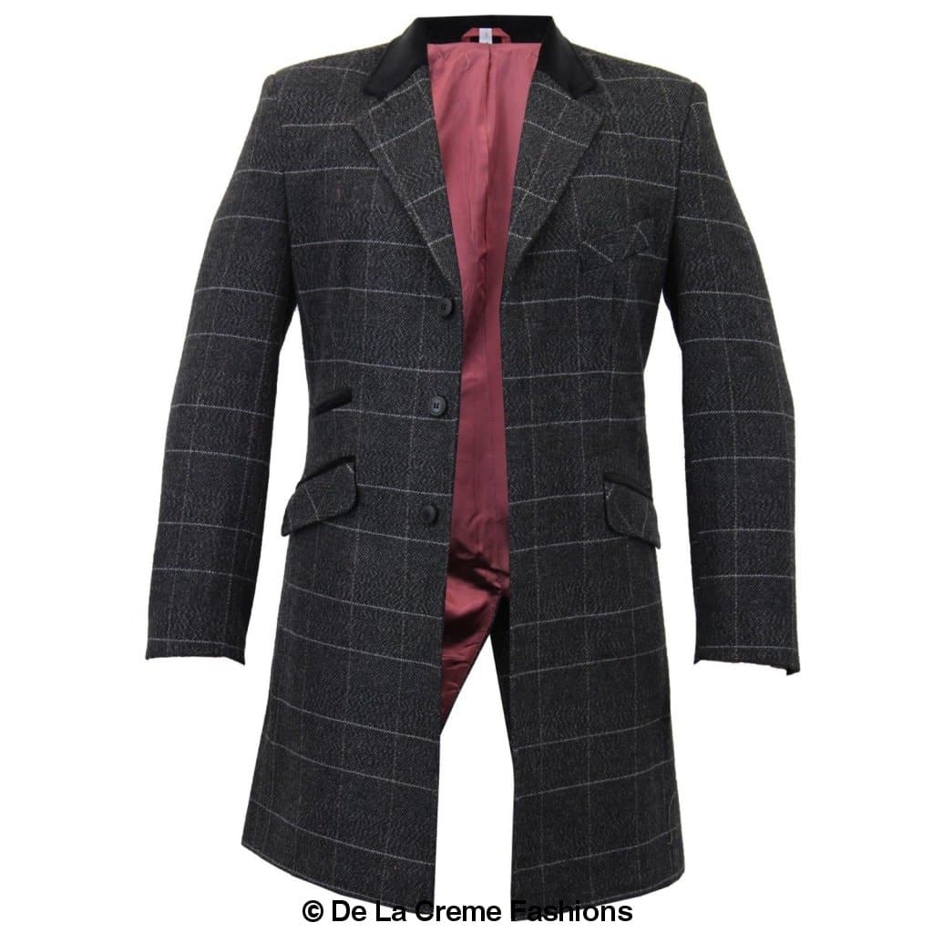 De La Creme MAN Check Design Retro Mod Coat featuring a stylish checked pattern, luxury velvet trim collar, and red satin-look lining.