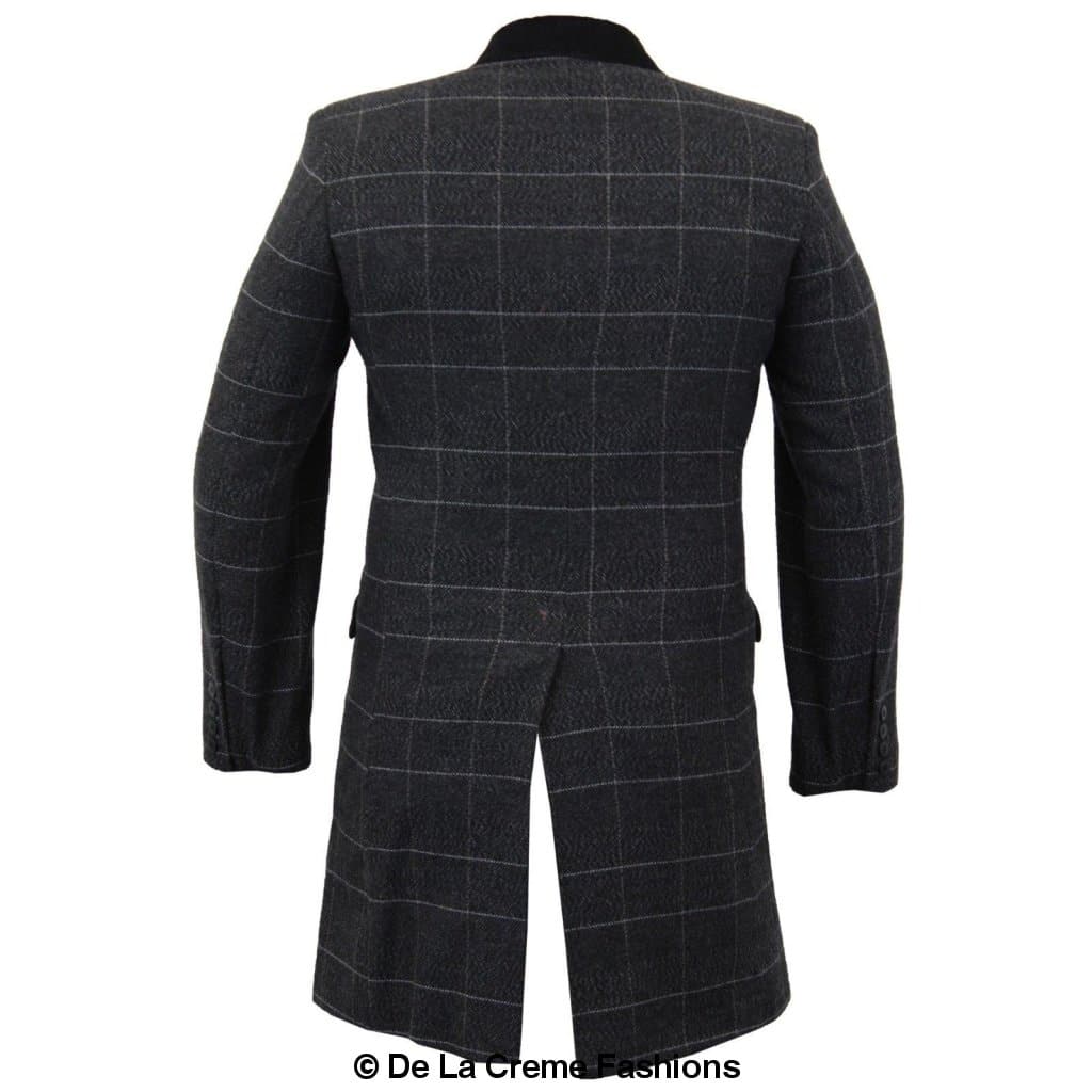 De La Creme MAN Check Design Retro Mod Coat featuring a stylish checked pattern, luxury velvet trim collar, and red satin-look lining.