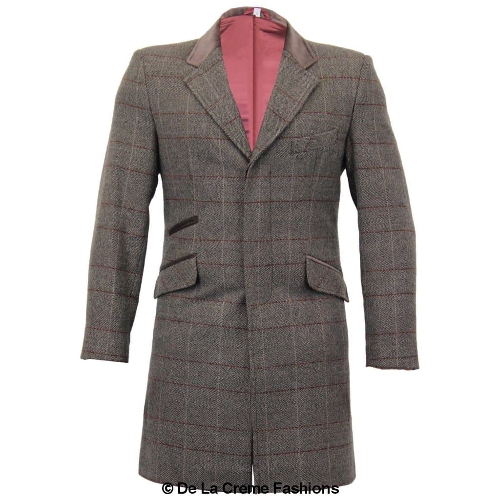 De La Creme MAN Check Design Retro Mod Coat featuring a stylish checked pattern, luxury velvet trim collar, and red satin-look lining.