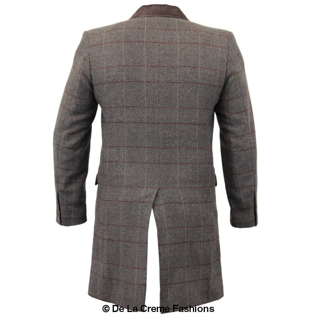 De La Creme MAN Check Design Retro Mod Coat featuring a stylish checked pattern, luxury velvet trim collar, and red satin-look lining.