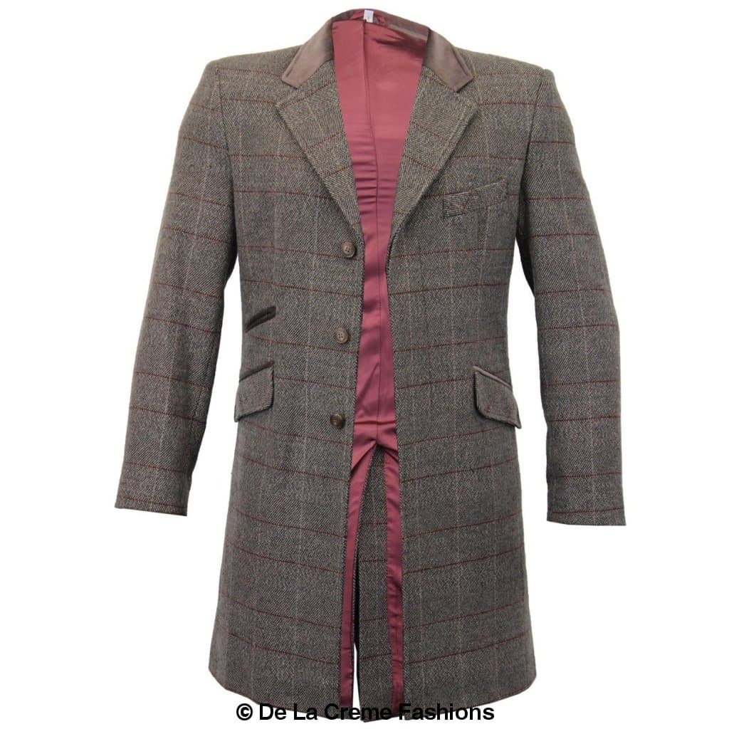 De La Creme MAN Check Design Retro Mod Coat featuring a stylish checked pattern, luxury velvet trim collar, and red satin-look lining.