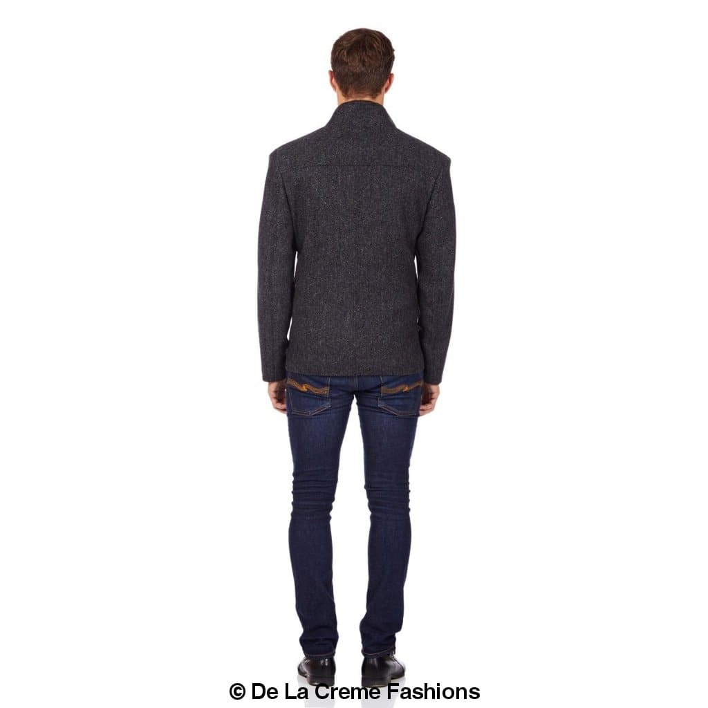 De La Creme MAN Herringbone Tweed Blend Short Reefer Coat in brown and grey hues, showcasing its elegant design and texture.