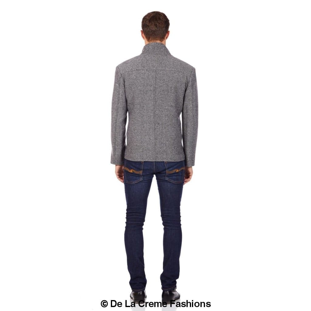 De La Creme MAN Herringbone Tweed Blend Short Reefer Coat in brown and grey hues, showcasing its elegant design and texture.