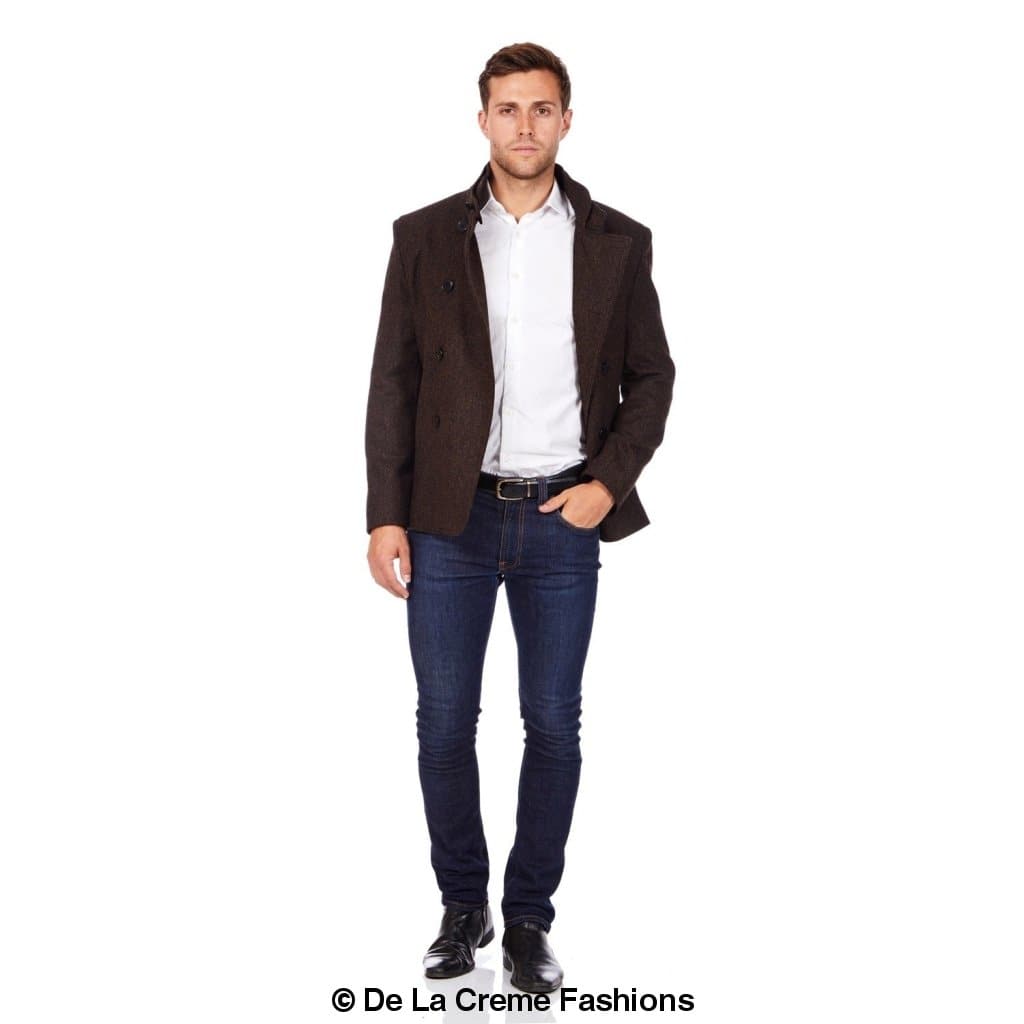 De La Creme MAN Herringbone Tweed Blend Short Reefer Coat in brown and grey hues, showcasing its elegant design and texture.