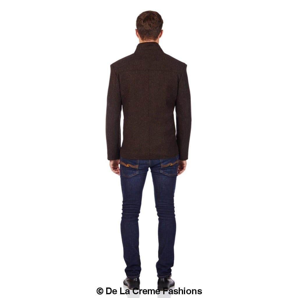 De La Creme MAN Herringbone Tweed Blend Short Reefer Coat in brown and grey hues, showcasing its elegant design and texture.