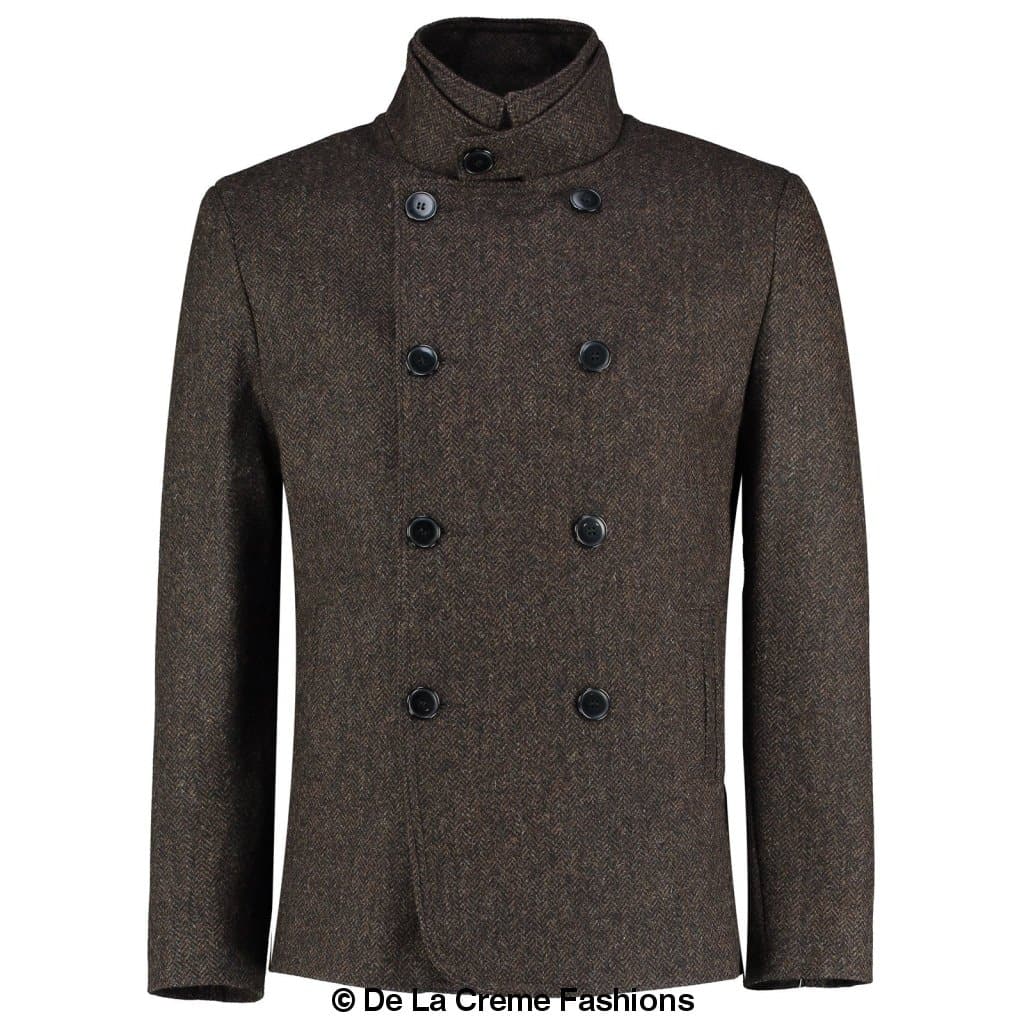 De La Creme MAN Herringbone Tweed Blend Short Reefer Coat in brown and grey hues, showcasing its elegant design and texture.