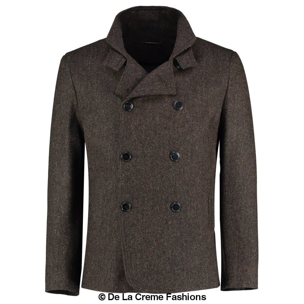 De La Creme MAN Herringbone Tweed Blend Short Reefer Coat in brown and grey hues, showcasing its elegant design and texture.