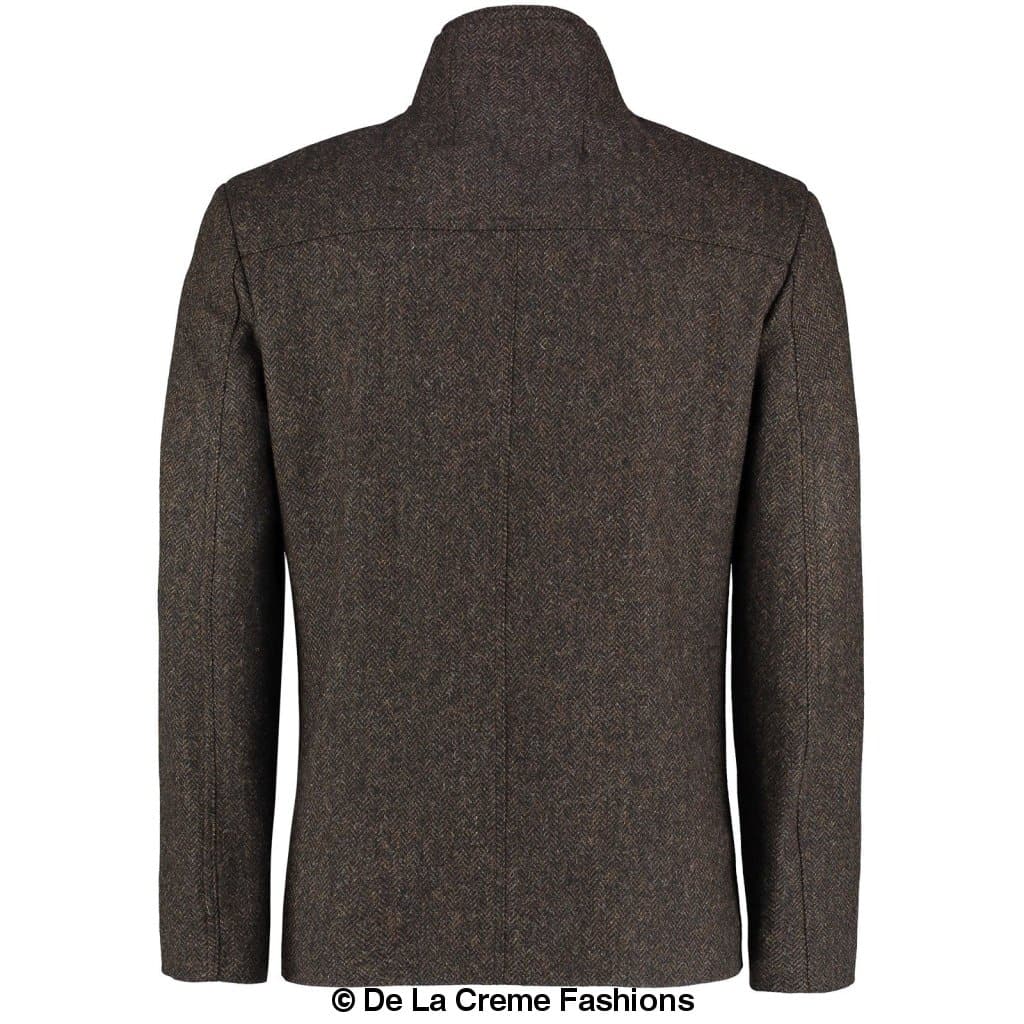 De La Creme MAN Herringbone Tweed Blend Short Reefer Coat in brown and grey hues, showcasing its elegant design and texture.