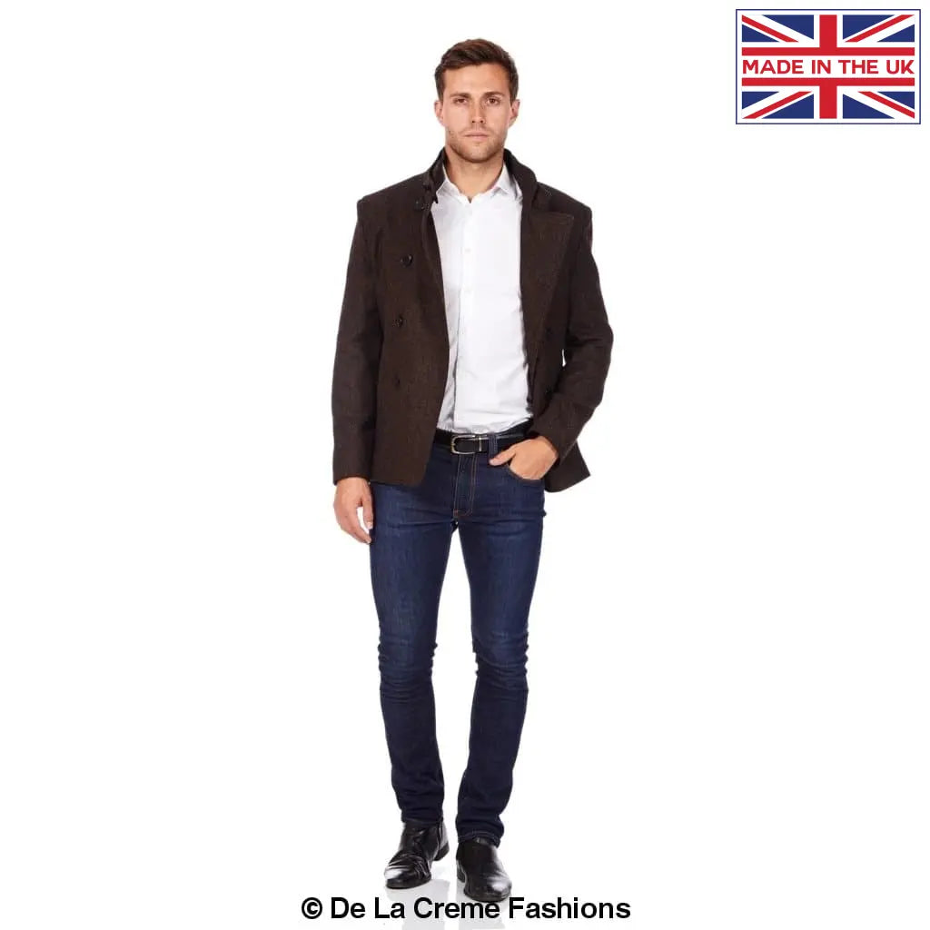 De La Creme MAN Herringbone Tweed Blend Short Reefer Coat in brown and grey hues, showcasing its elegant design and texture.