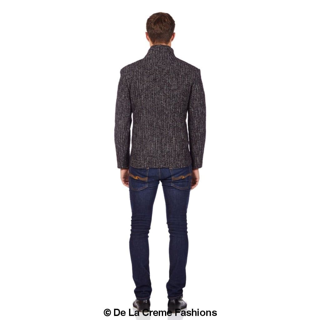 De La Creme MAN Herringbone Tweed Blend Short Reefer Coat in brown and grey hues, showcasing its elegant design and texture.