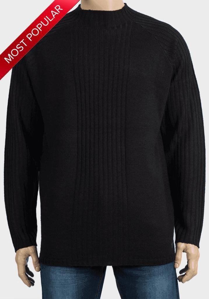 De La Creme MAN High Neck Ribbed Knitted Jumper in black and grey with stripe detail and long raglan sleeves.