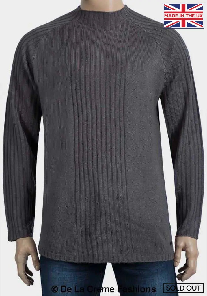 De La Creme MAN High Neck Ribbed Knitted Jumper in black and grey with stripe detail and long raglan sleeves.