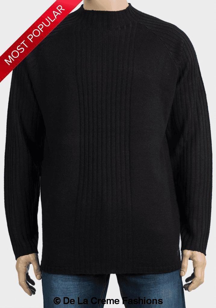 De La Creme MAN High Neck Ribbed Knitted Jumper in black and grey with stripe detail and long raglan sleeves.