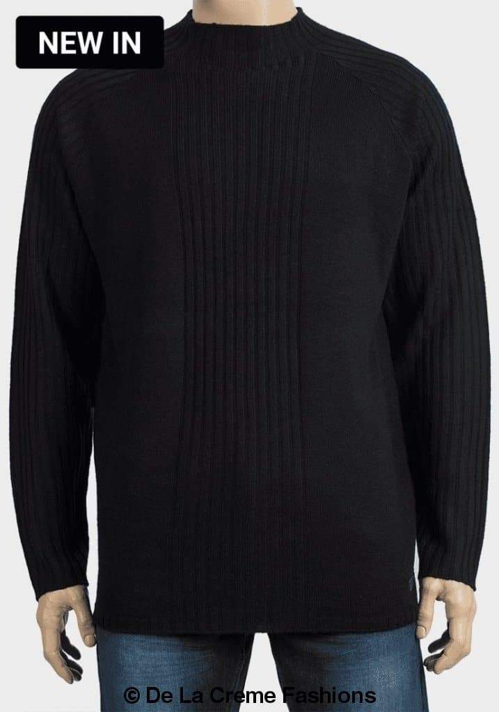 De La Creme MAN High Neck Ribbed Knitted Jumper in black and grey with stripe detail and long raglan sleeves.