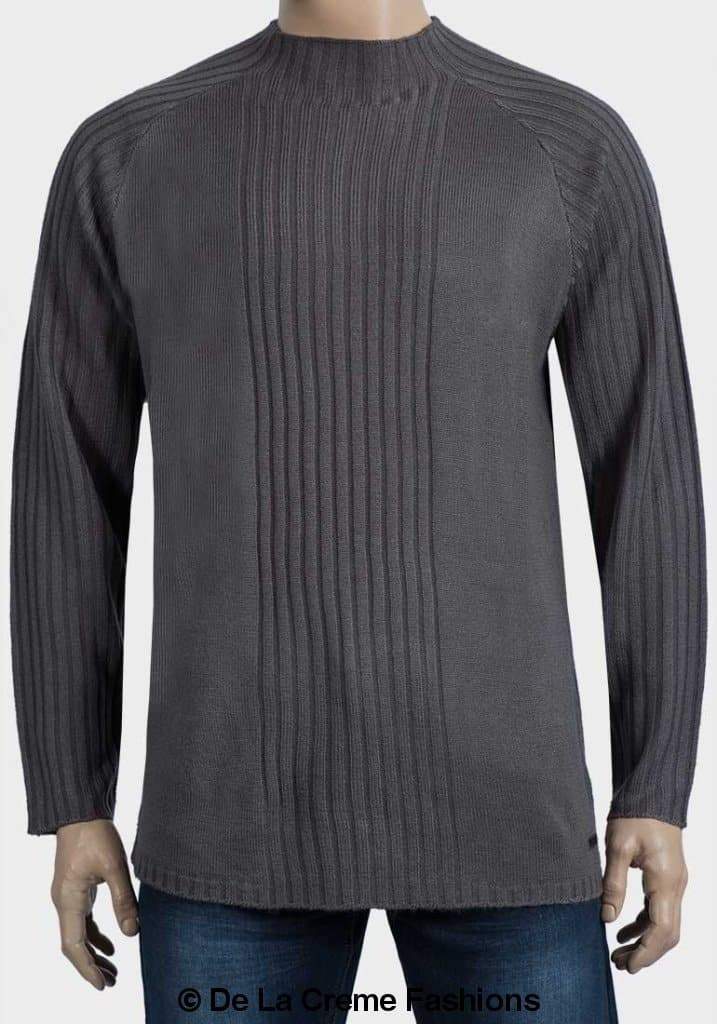 De La Creme MAN High Neck Ribbed Knitted Jumper in black and grey with stripe detail and long raglan sleeves.