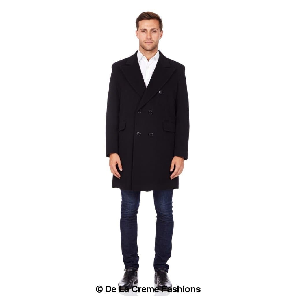 De La Creme MAN Men's Wool Blend Double Breasted Overcoat in black, showcasing its elegant design and luxurious fabric.