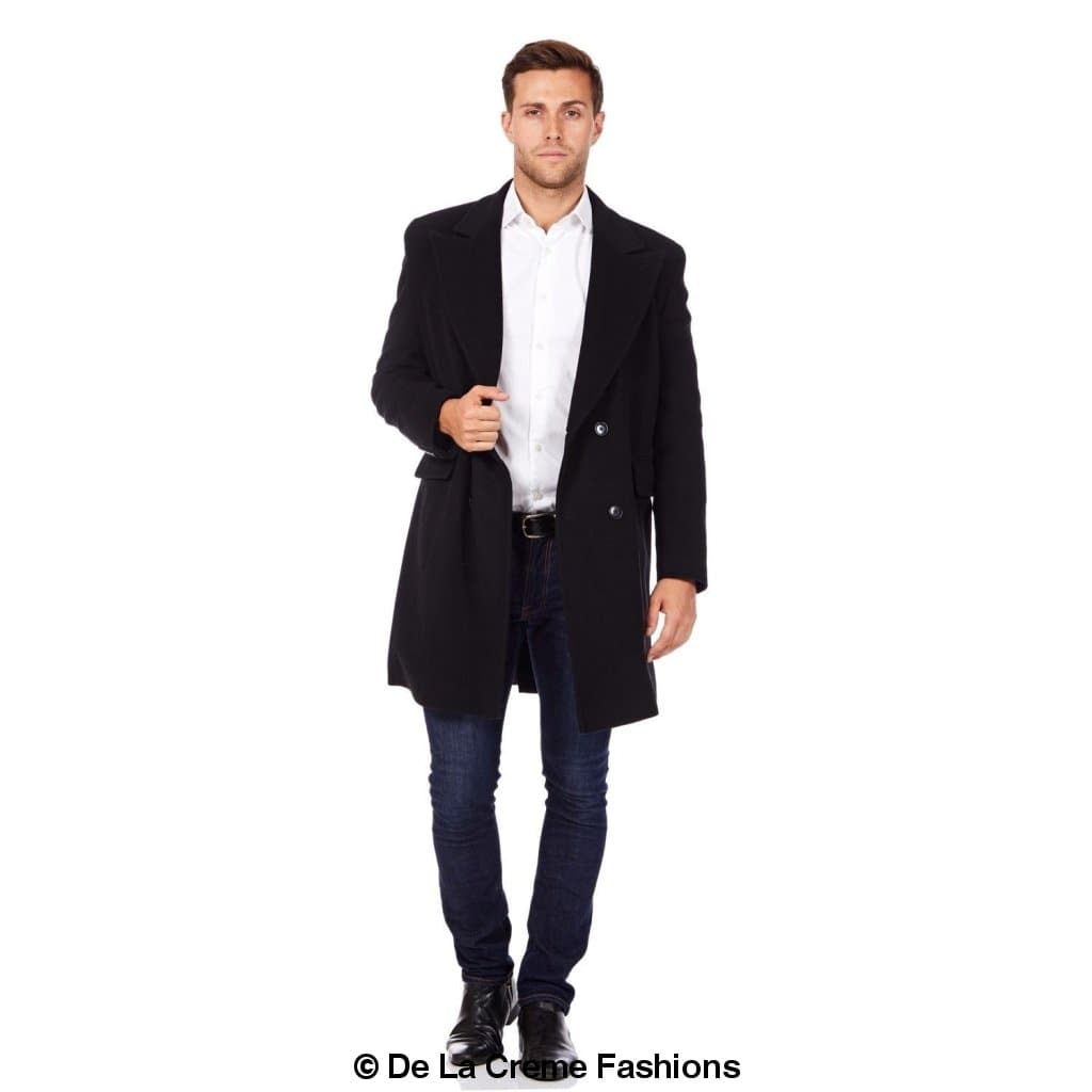 De La Creme MAN Men's Wool Blend Double Breasted Overcoat in black, showcasing its elegant design and luxurious fabric.