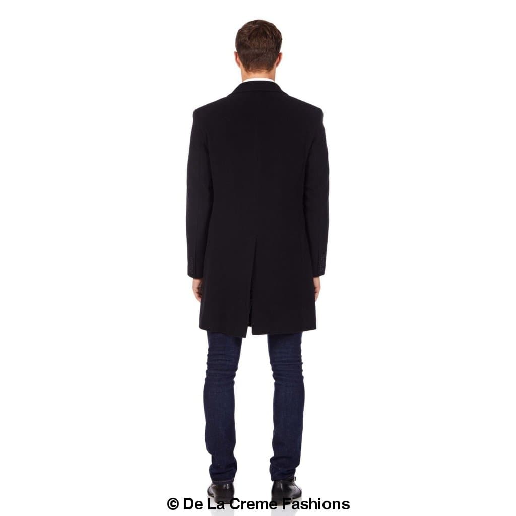 De La Creme MAN Men's Wool Blend Double Breasted Overcoat in black, showcasing its elegant design and luxurious fabric.