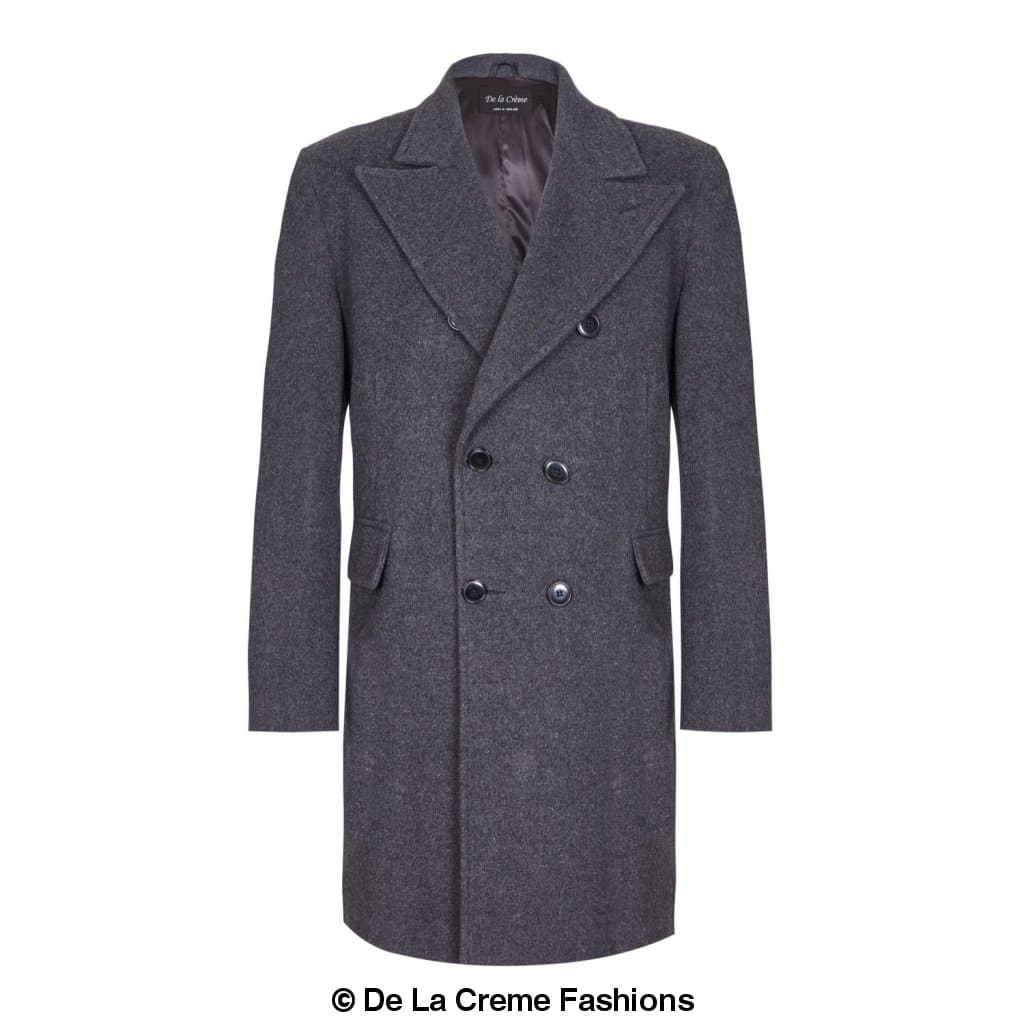 De La Creme MAN Men's Wool Blend Double Breasted Overcoat in black, showcasing its elegant design and luxurious fabric.