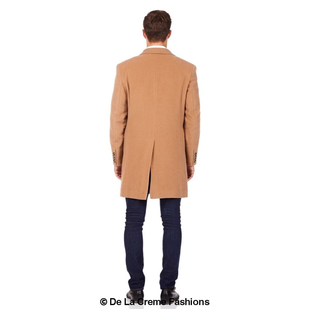 De La Creme MAN Men's Wool Blend Double Breasted Overcoat in black, showcasing its elegant design and luxurious fabric.